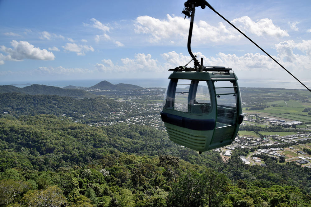 The cable car zips through the tropical rainforest of Cairns in Northern Queensland Australia